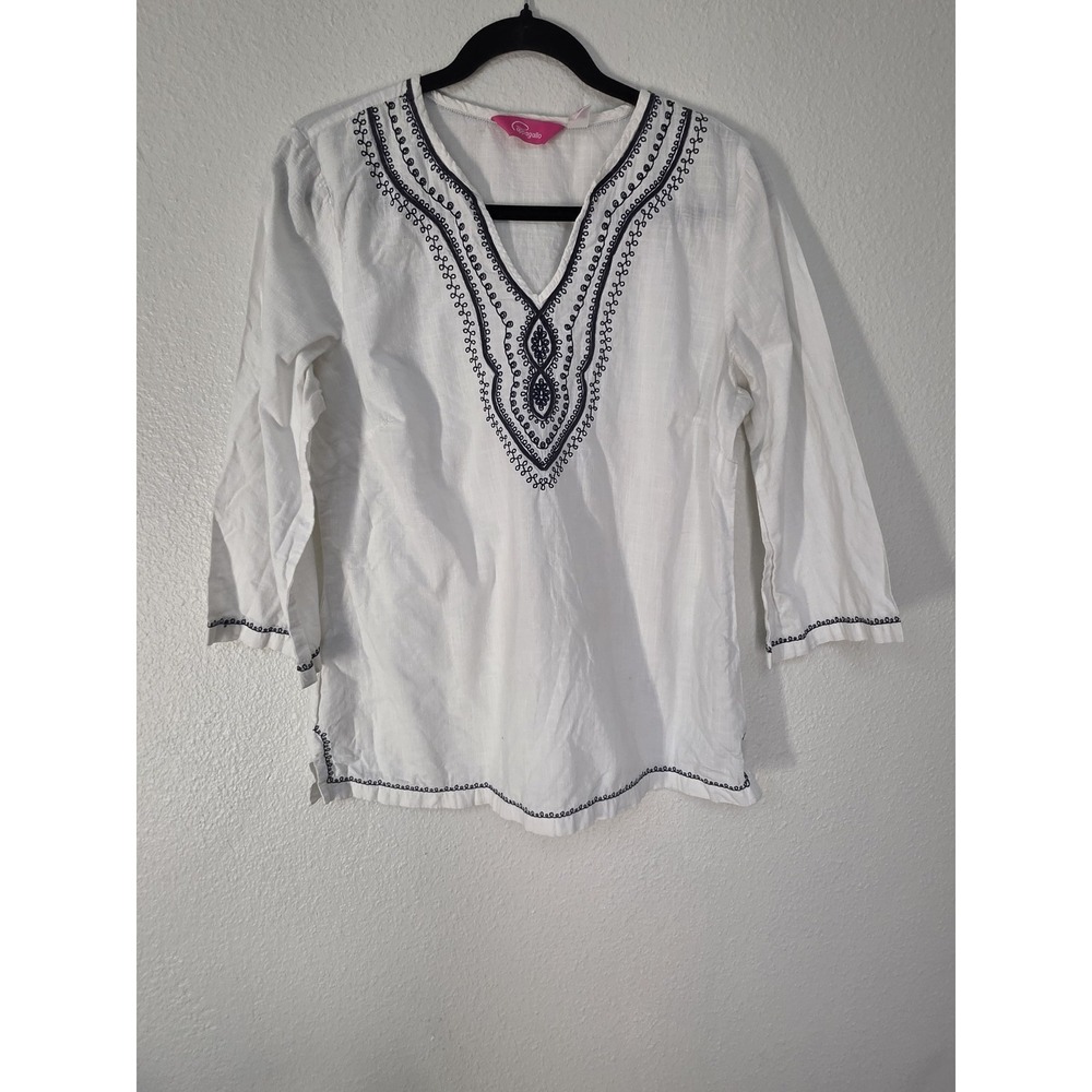Pappagallo Blouse M White Embroidered V-Neck 3/4 Sleeve Boho Top Tunic